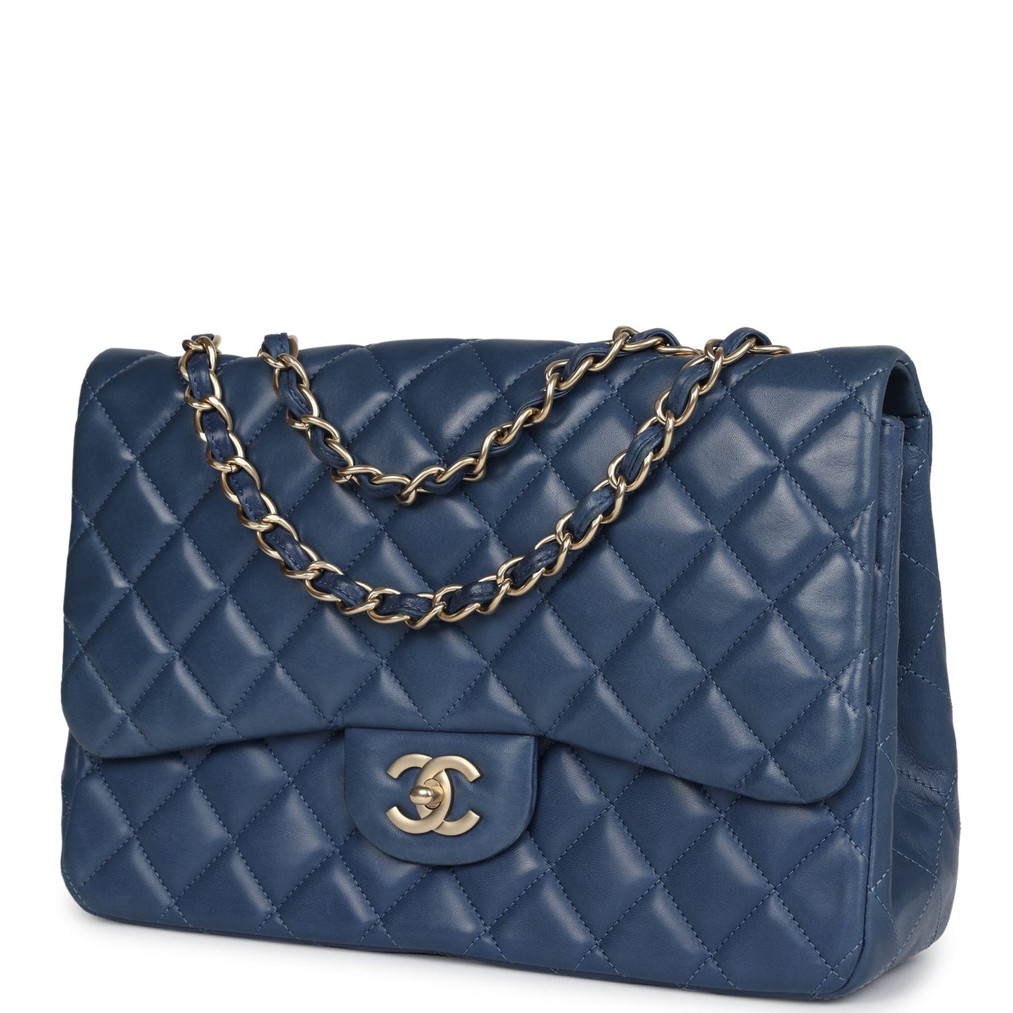 Chanel Jumbo Classic Single Flap Bag Blue Lambskin Brushed Gold Hardware