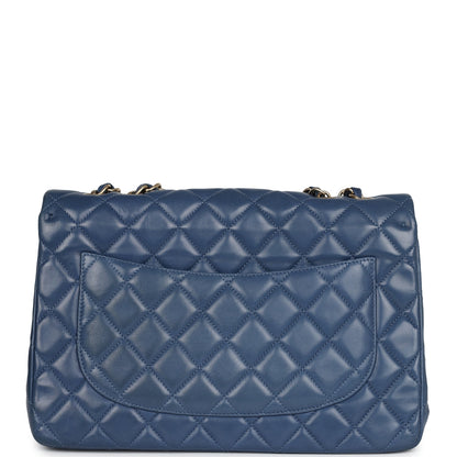 Chanel Jumbo Classic Single Flap Bag Blue Lambskin Brushed Gold Hardware