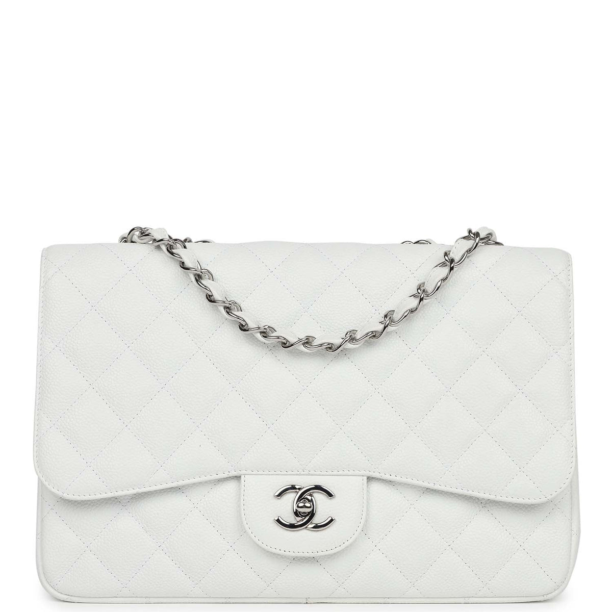 Chanel Jumbo Classic Single Flap Bag White Caviar Silver Hardware