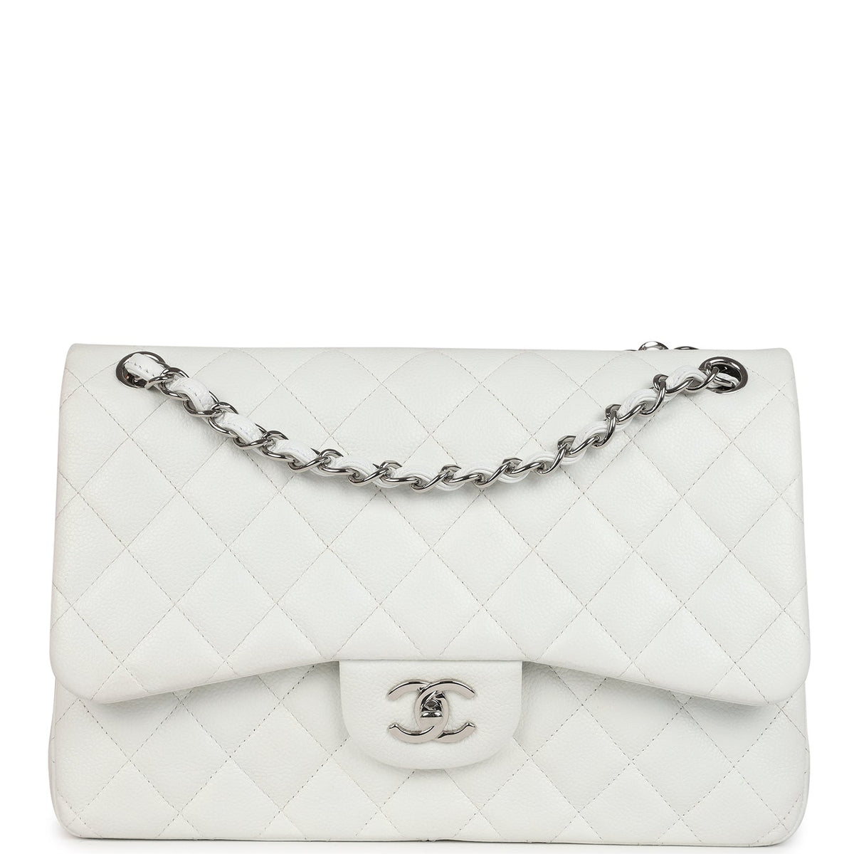 Chanel Jumbo Classic Single Flap Bag White Caviar Silver Hardware