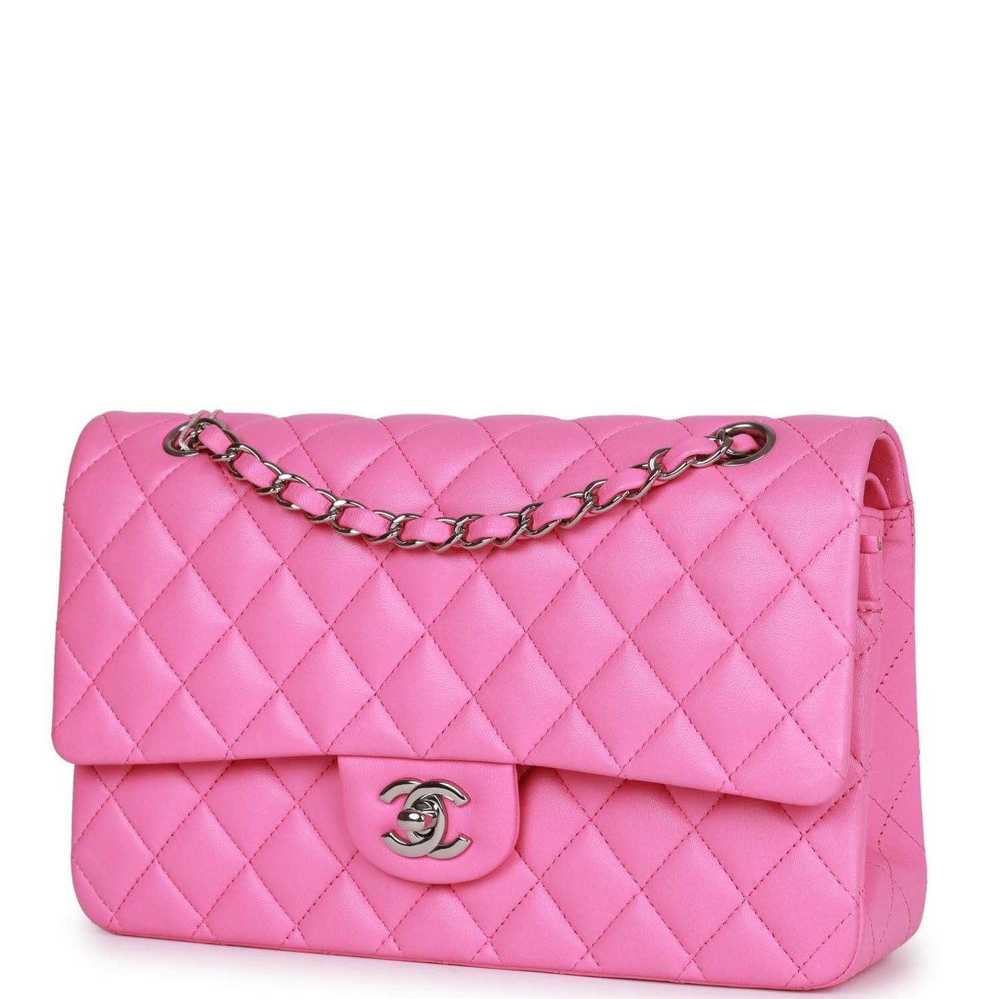 Chanel Medium Classic Double Flap Bag Neon Pink Lambskin Silver Hardware