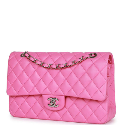 Chanel Medium Classic Double Flap Bag Neon Pink Lambskin Silver Hardware