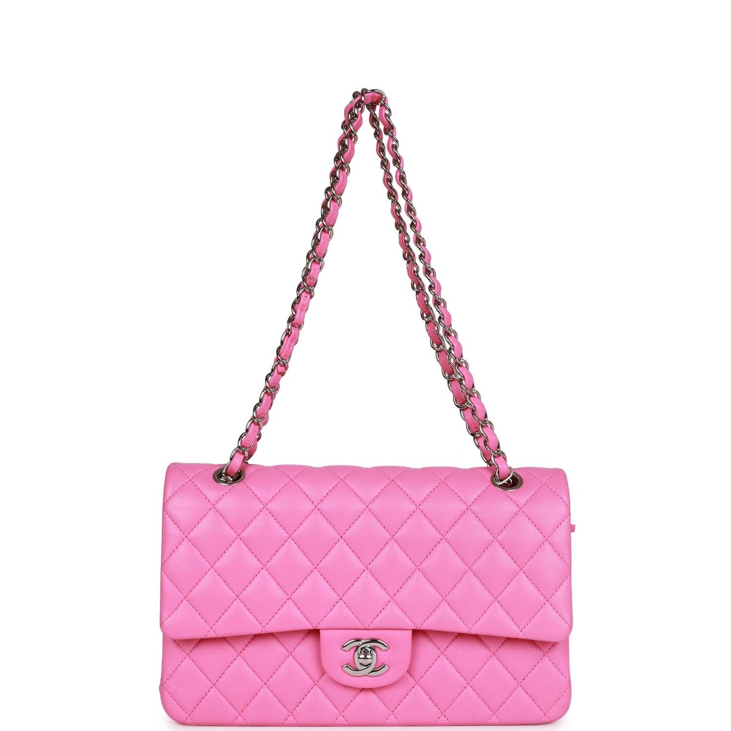 Chanel Medium Classic Double Flap Bag Neon Pink Lambskin Silver Hardware