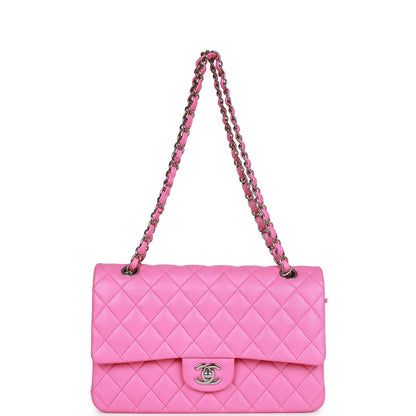 Chanel Medium Classic Double Flap Bag Neon Pink Lambskin Silver Hardware