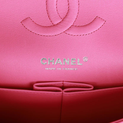 Chanel Medium Classic Double Flap Bag Neon Pink Lambskin Silver Hardware