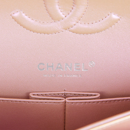 Chanel Medium Classic Double Flap Bag Pink Iridescent Lambskin Silver Hardware