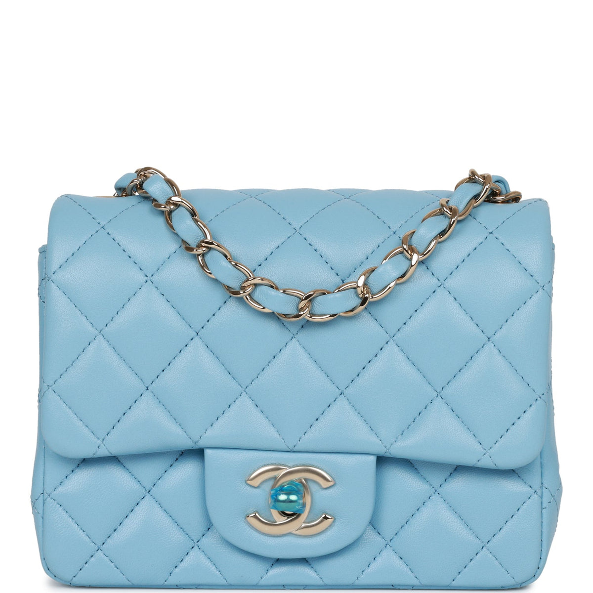 Chanel Mini Square Flap Bag Blue Lambskin Light Gold Hardware