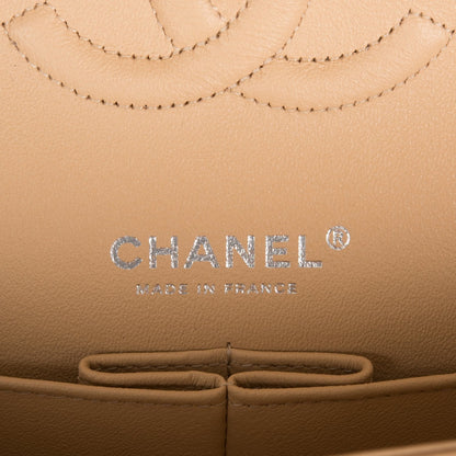 Chanel Medium Classic Double Flap Bag Beige Quilted Caviar Silver Hardware