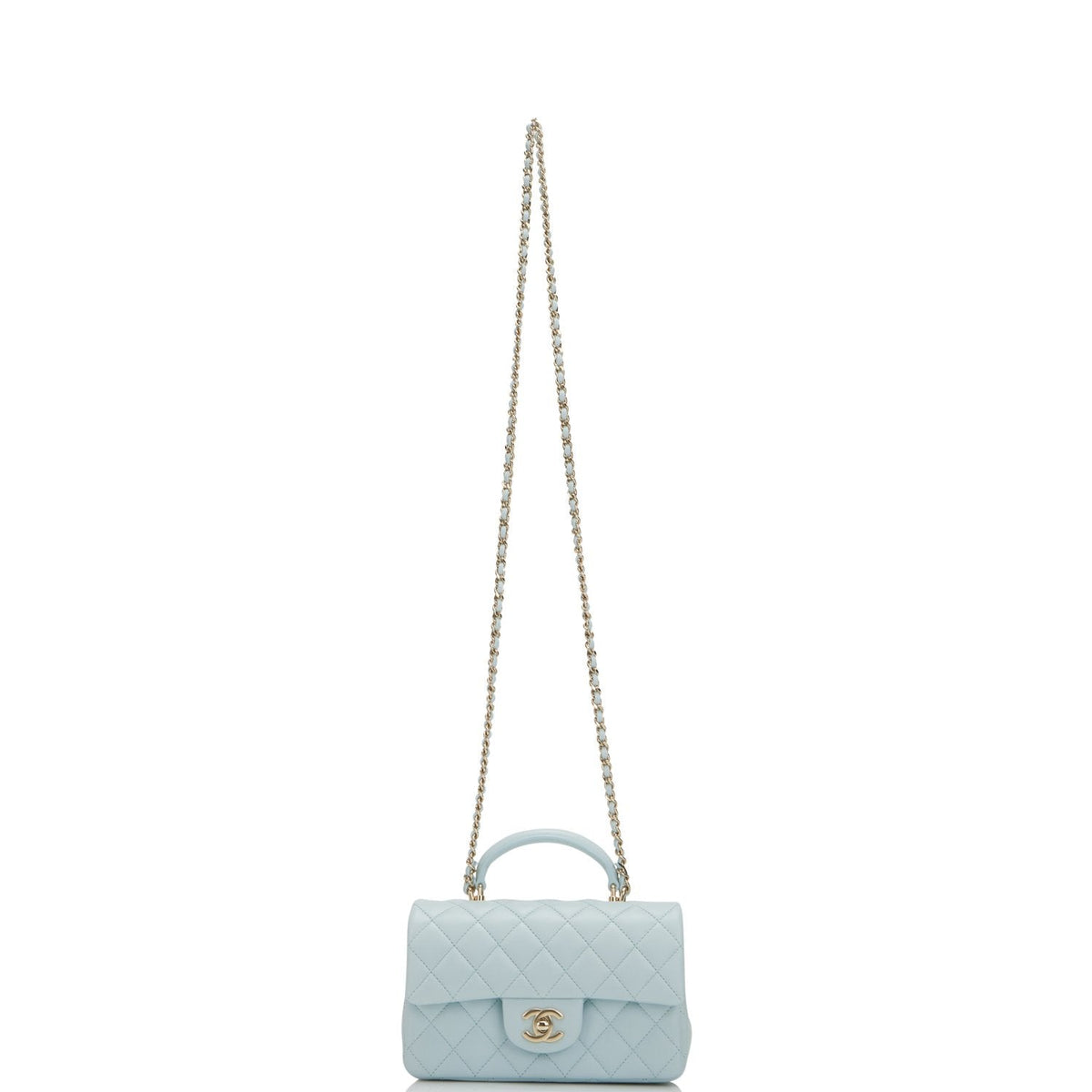 Chanel Mini Rectangular Flap with Top Handle Light Blue Lambskin Light Gold Hardware