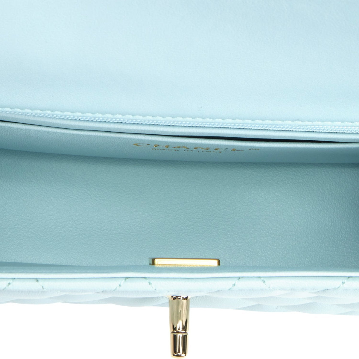 Chanel Mini Rectangular Flap with Top Handle Light Blue Lambskin Light Gold Hardware