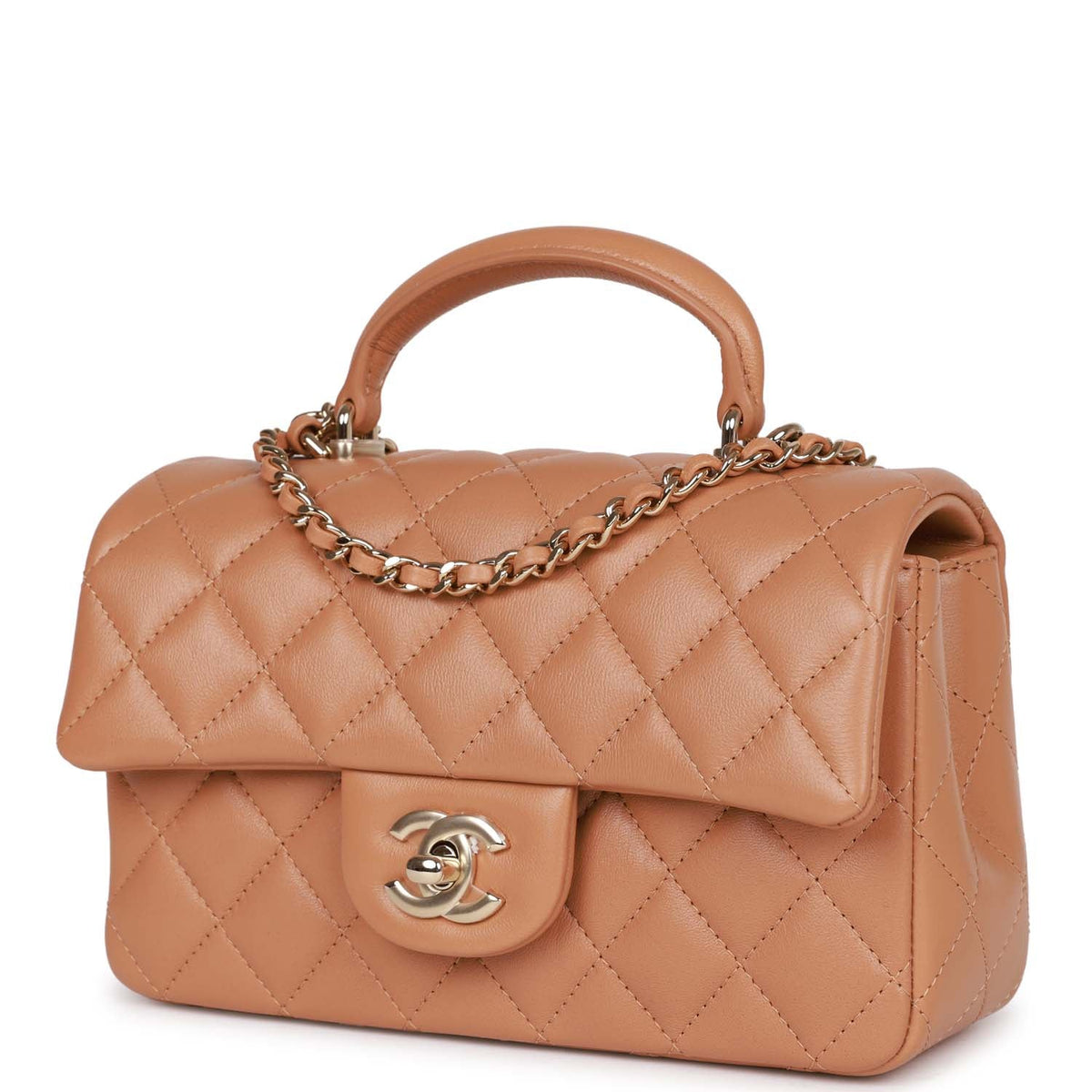 Chanel Mini Rectangular Flap with Top Handle Caramel Lambskin Light Gold Hardware