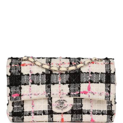 Chanel Medium Classic Double Flap Bag White, Black, and Pink Tweed Silver Hardware