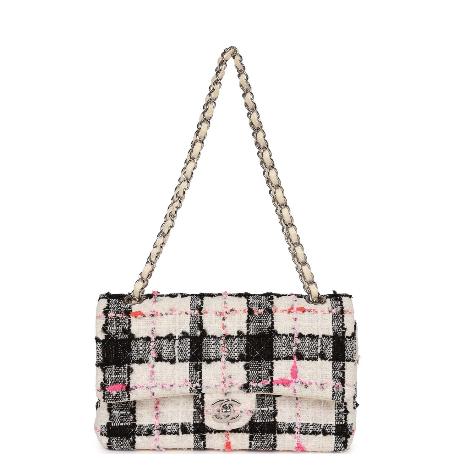 Chanel Medium Classic Double Flap Bag White, Black, and Pink Tweed Silver Hardware