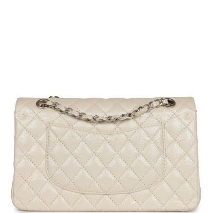 Chanel Medium Classic Double Flap Pearlescent Ivory Caviar Brushed Silver Hardware