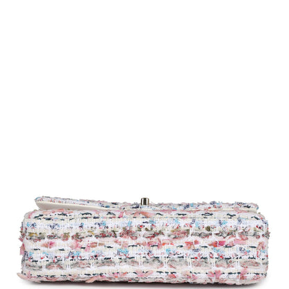Chanel Medium Classic Double Flap White Multicolored Tweed Light Gold Hardware