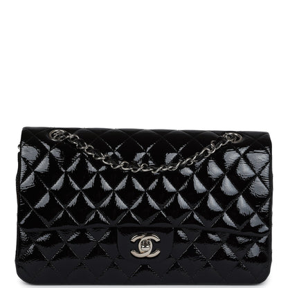 Chanel Medium Classic Double Flap Bag Black Crumpled Patent Leather Silver Hardware