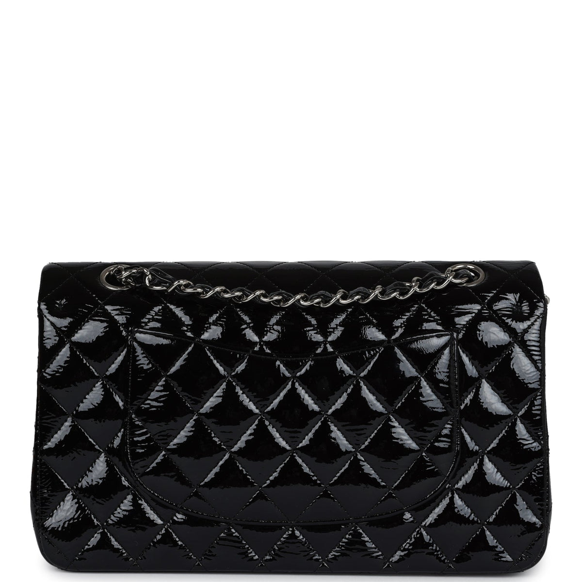 Chanel Medium Classic Double Flap Bag Black Crumpled Patent Leather Silver Hardware
