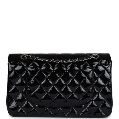 Chanel Medium Classic Double Flap Bag Black Crumpled Patent Leather Silver Hardware