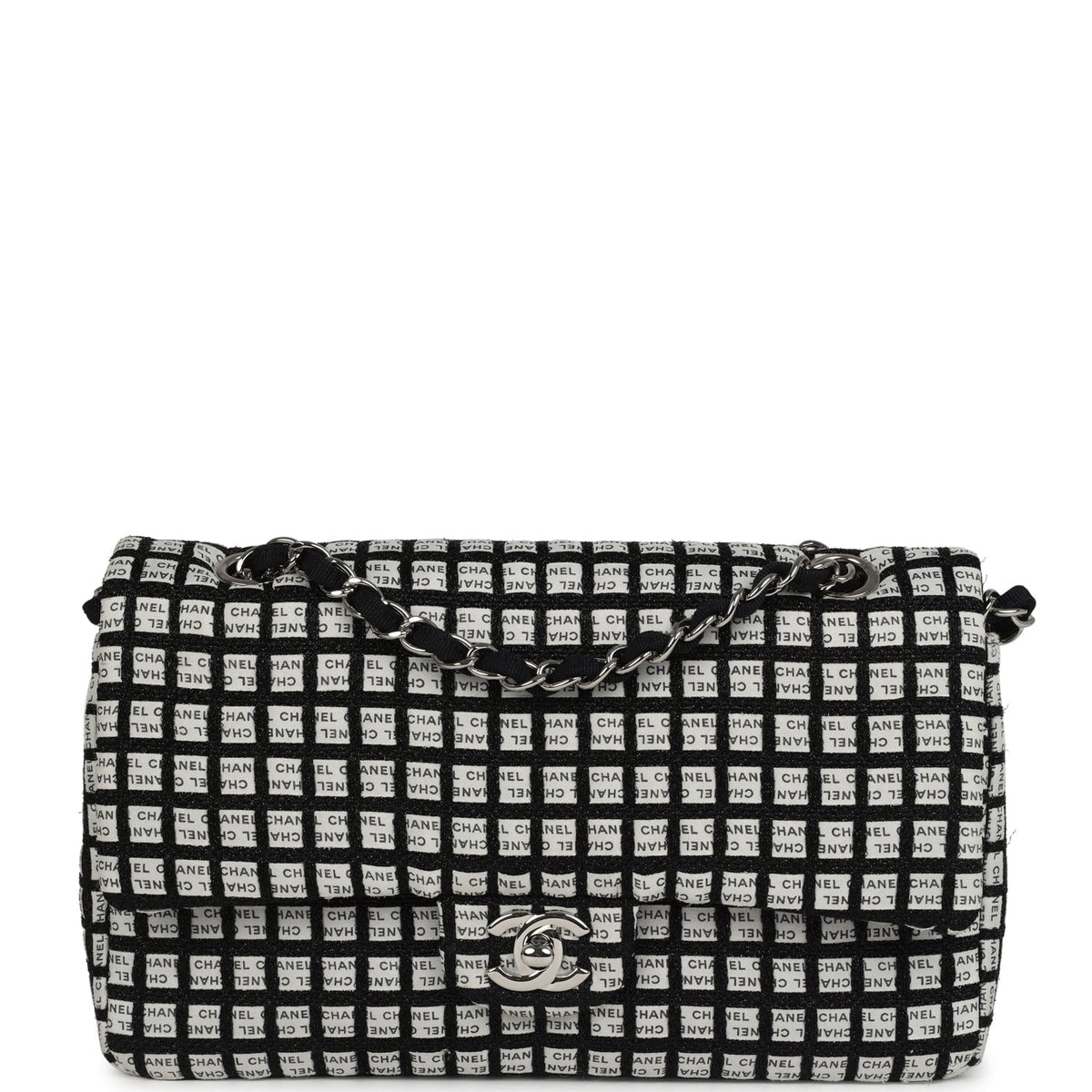 Chanel Medium Logo Ribbon Classic Double Flap Bag White and Black Canvas and Tweed Silver Hardware
