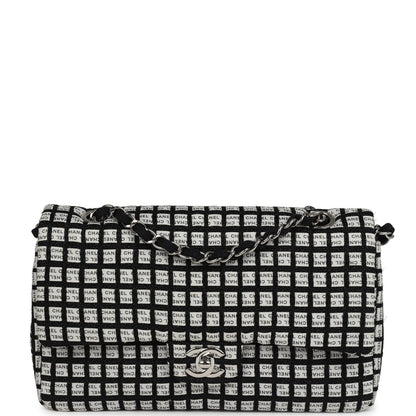 Chanel Medium Logo Ribbon Classic Double Flap Bag White and Black Canvas and Tweed Silver Hardware