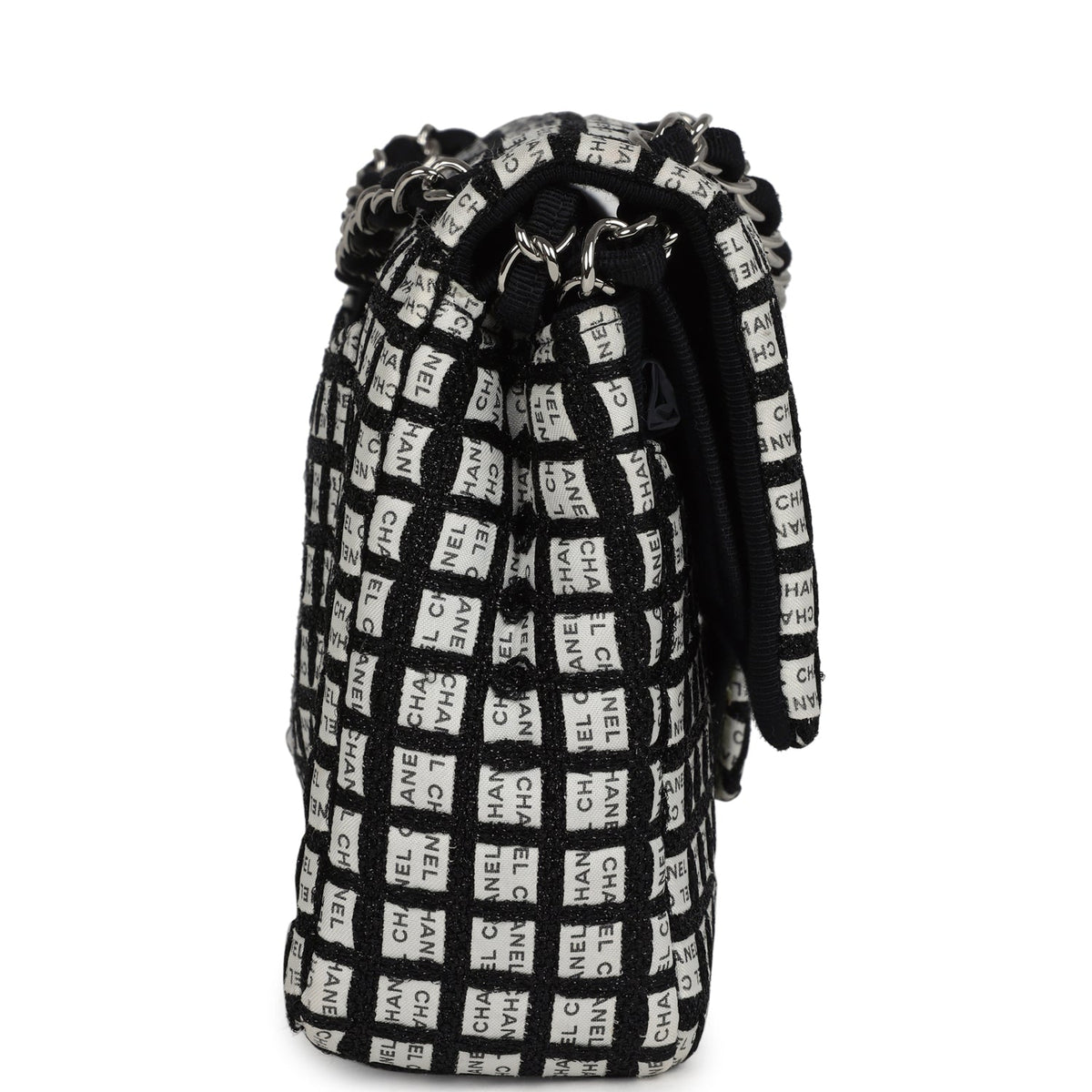 Chanel Medium Logo Ribbon Classic Double Flap Bag White and Black Canvas and Tweed Silver Hardware