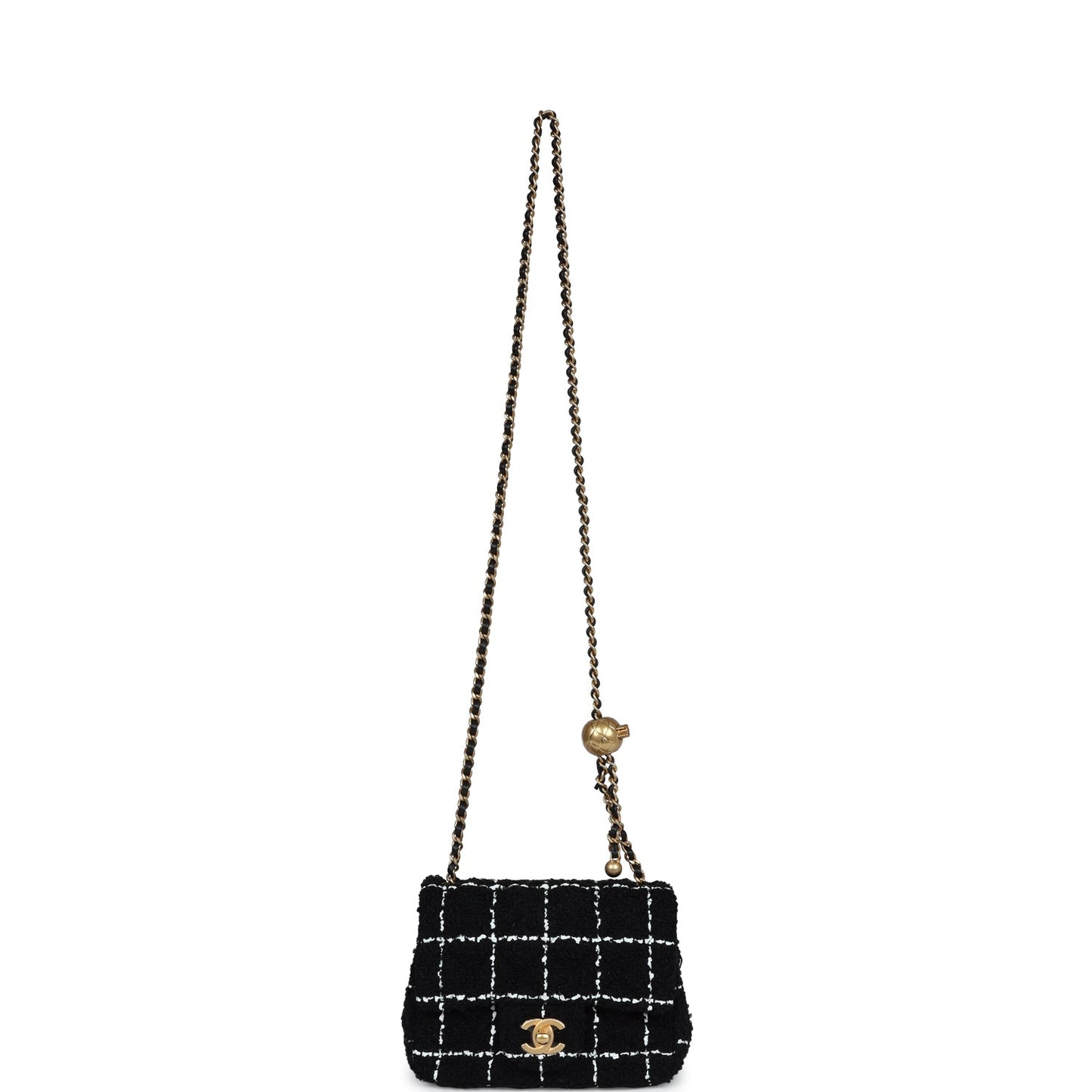 Chanel Pearl Crush Mini Square Flap Bag White and Black Tweed Antique Gold Hardware