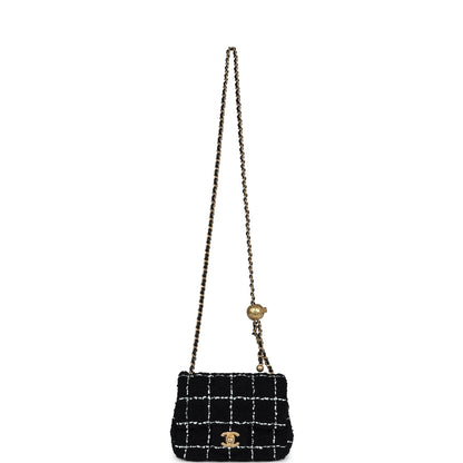 Chanel Pearl Crush Mini Square Flap Bag White and Black Tweed Antique Gold Hardware