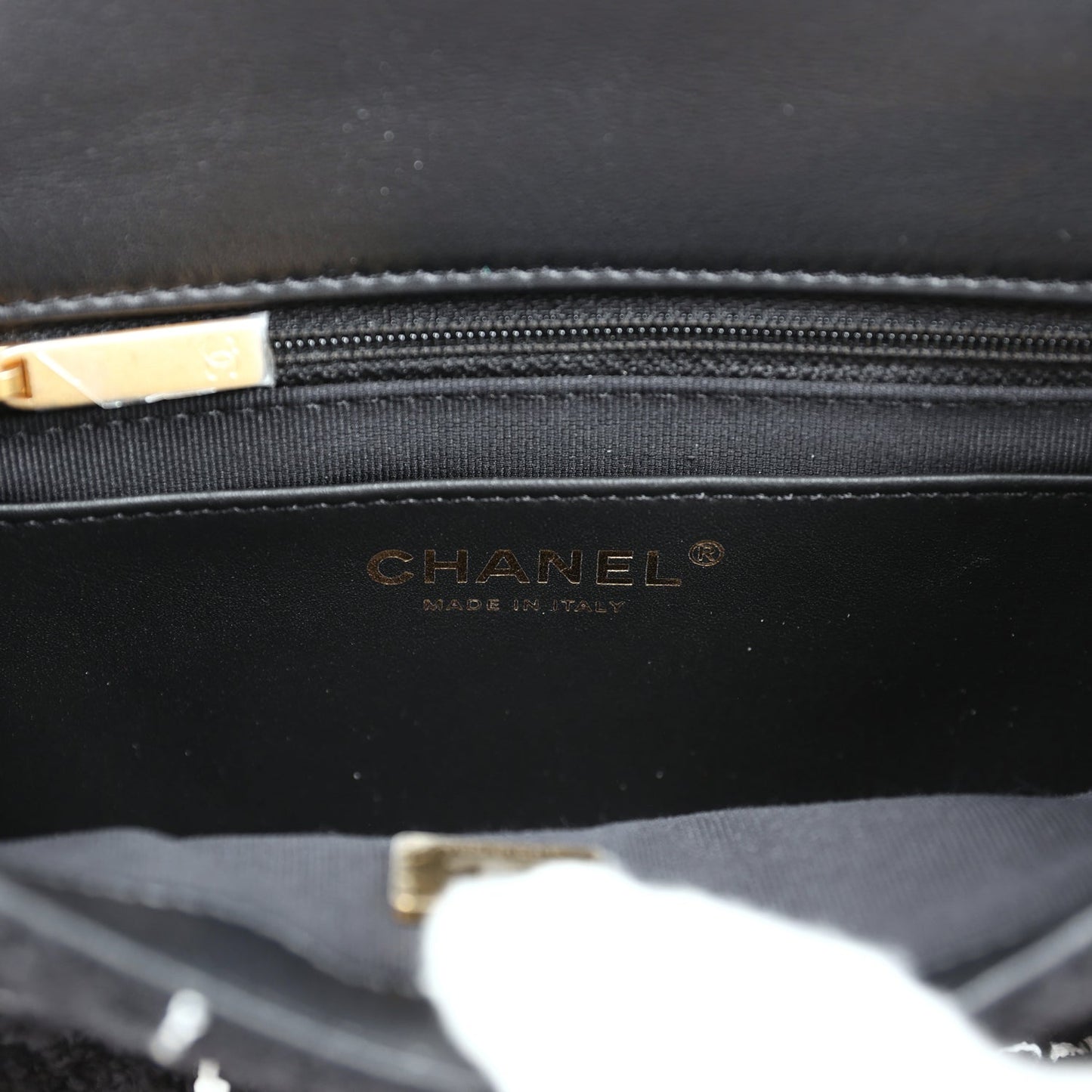 Chanel Pearl Crush Mini Square Flap Bag White and Black Tweed Antique Gold Hardware