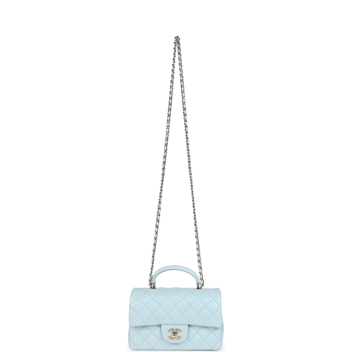 Chanel Mini Rectangular Flap with Top Handle Light Blue Lambskin Light Gold Hardware