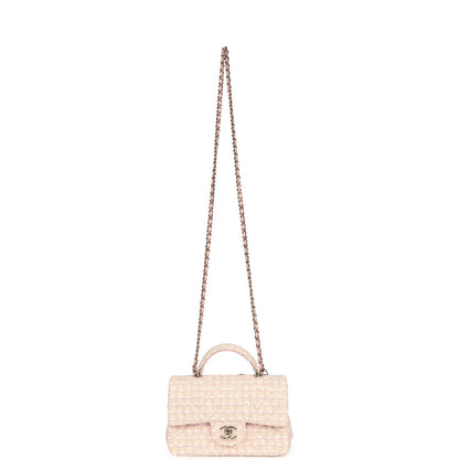 Chanel Mini Rectangular Top Handle Flap Pink and White Tweed Light Gold Hardware