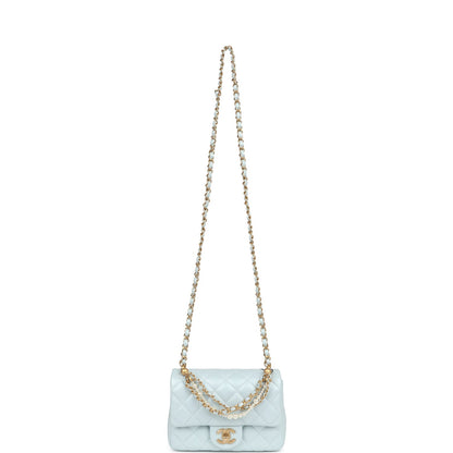 Chanel Mini Square Pearl Flap Bag Light Blue Iridescent Lambskin Brushed Gold Hardware