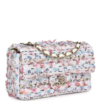 Chanel Mini Rectangular Flap Bag White/Pink/ Multicolored Tweed Light Gold Hardware