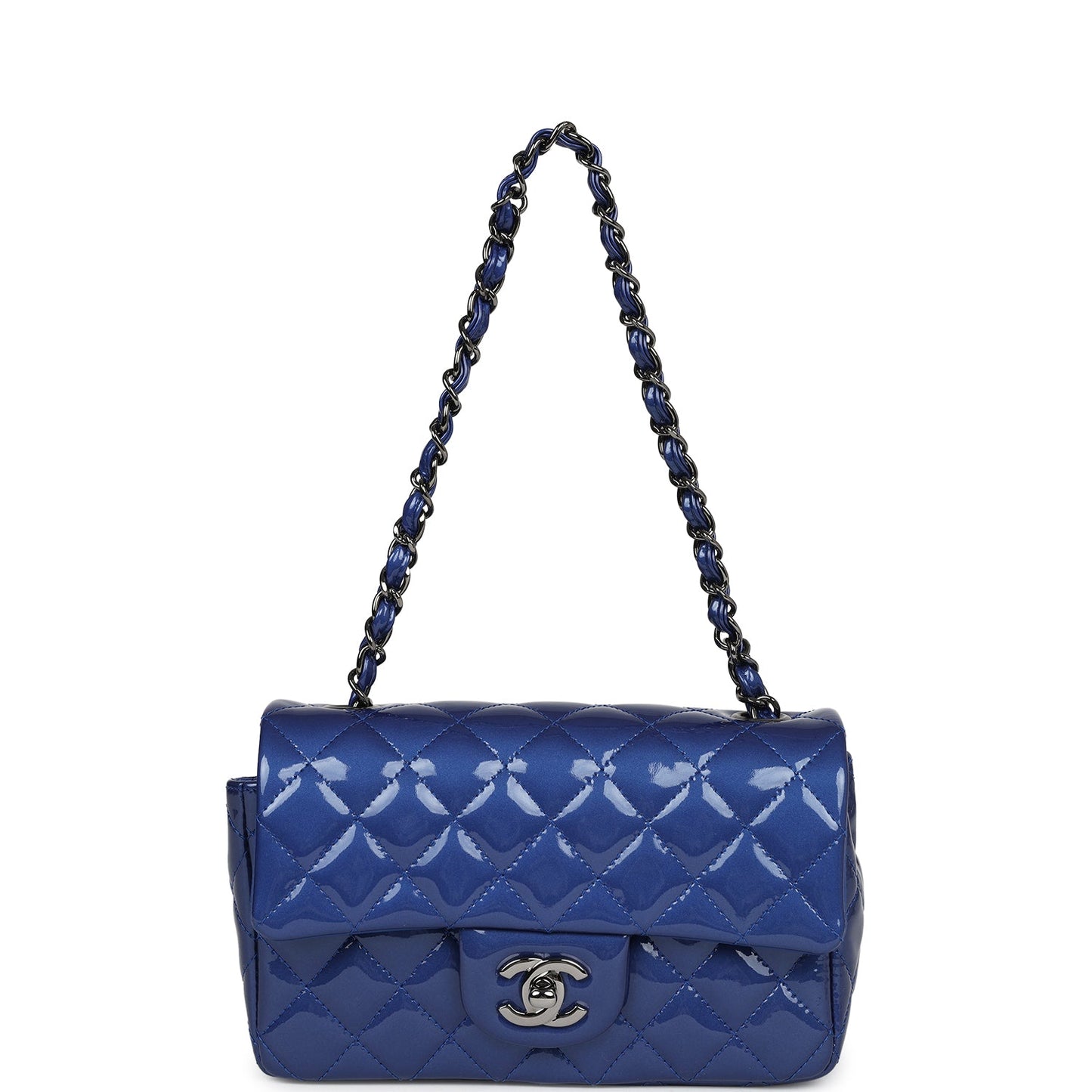 Chanel Mini Rectangular Flap Bag Blue Patent Ruthenium Hardware