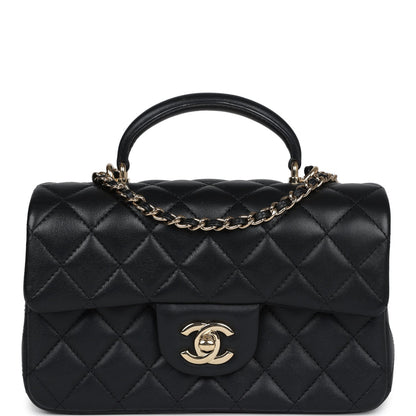 Chanel Mini Rectangular Flap with Top Handle Black Lambskin Light Gold Hardware