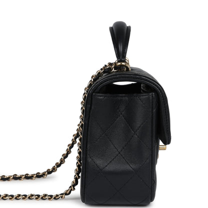 Chanel Mini Rectangular Flap with Top Handle Black Lambskin Light Gold Hardware