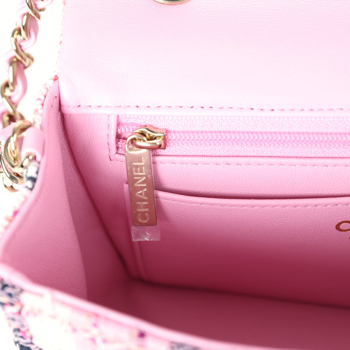 Chanel Mini Rectangular Flap Bag Pink, White and Black Tweed Light Gold Hardware