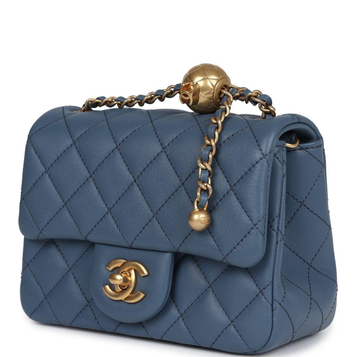 Chanel Mini Square Pearl Crush Flap Blue Lambskin Antique Gold Hardware