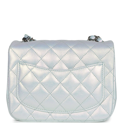 Chanel Mini Classic Square Flap Bag Blue Iridescent Calfskin Silver Hardware