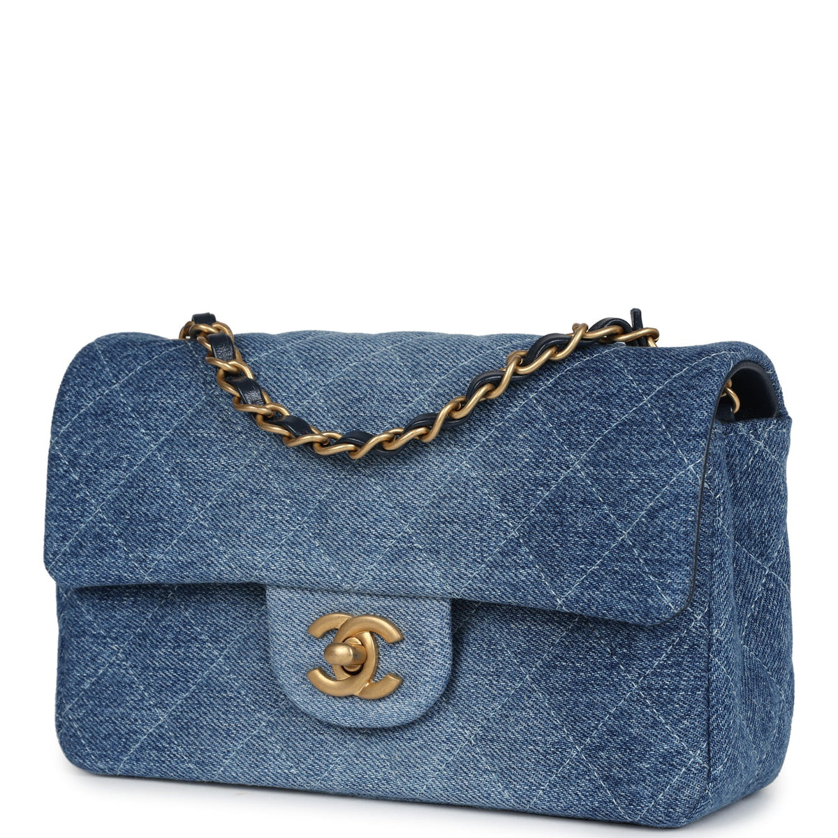 Chanel Mini Rectangular Flap Bag Blue Denim Antique Gold Hardware