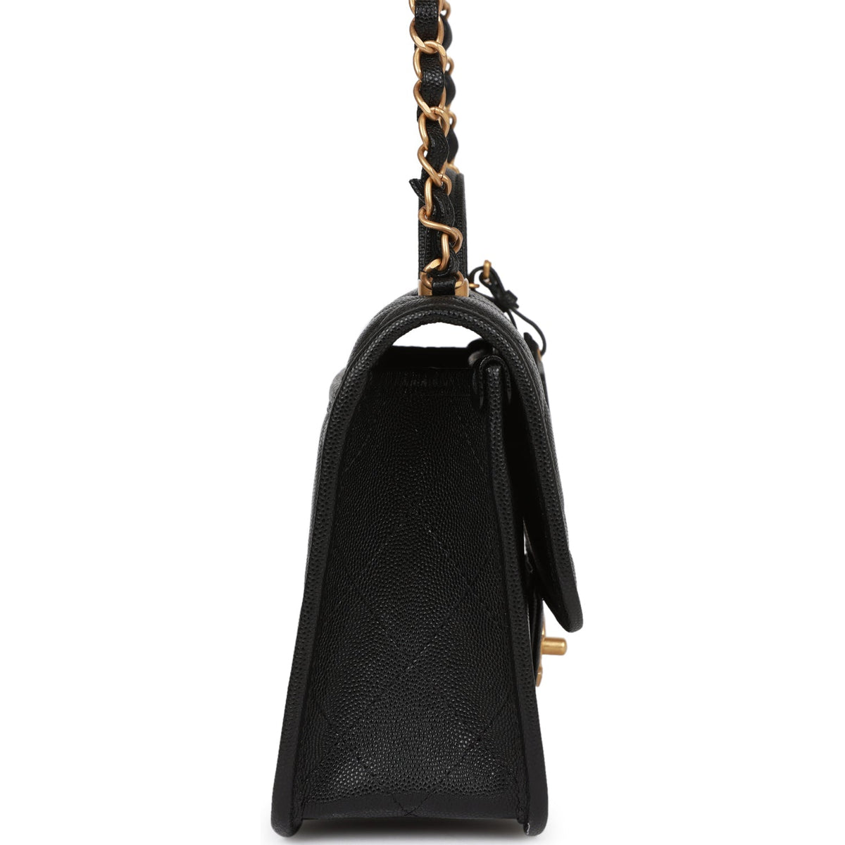 Chanel School Memory Top Handle Flap Bag Black Caviar Antique Gold Hardware