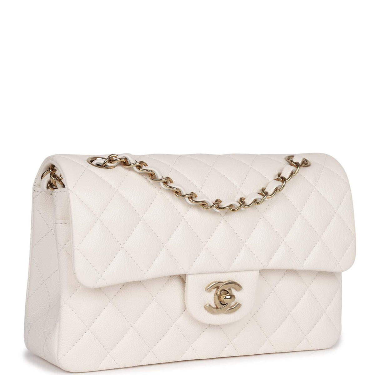 Chanel Small Classic Double Flap Bag White Caviar Light Gold Hardware
