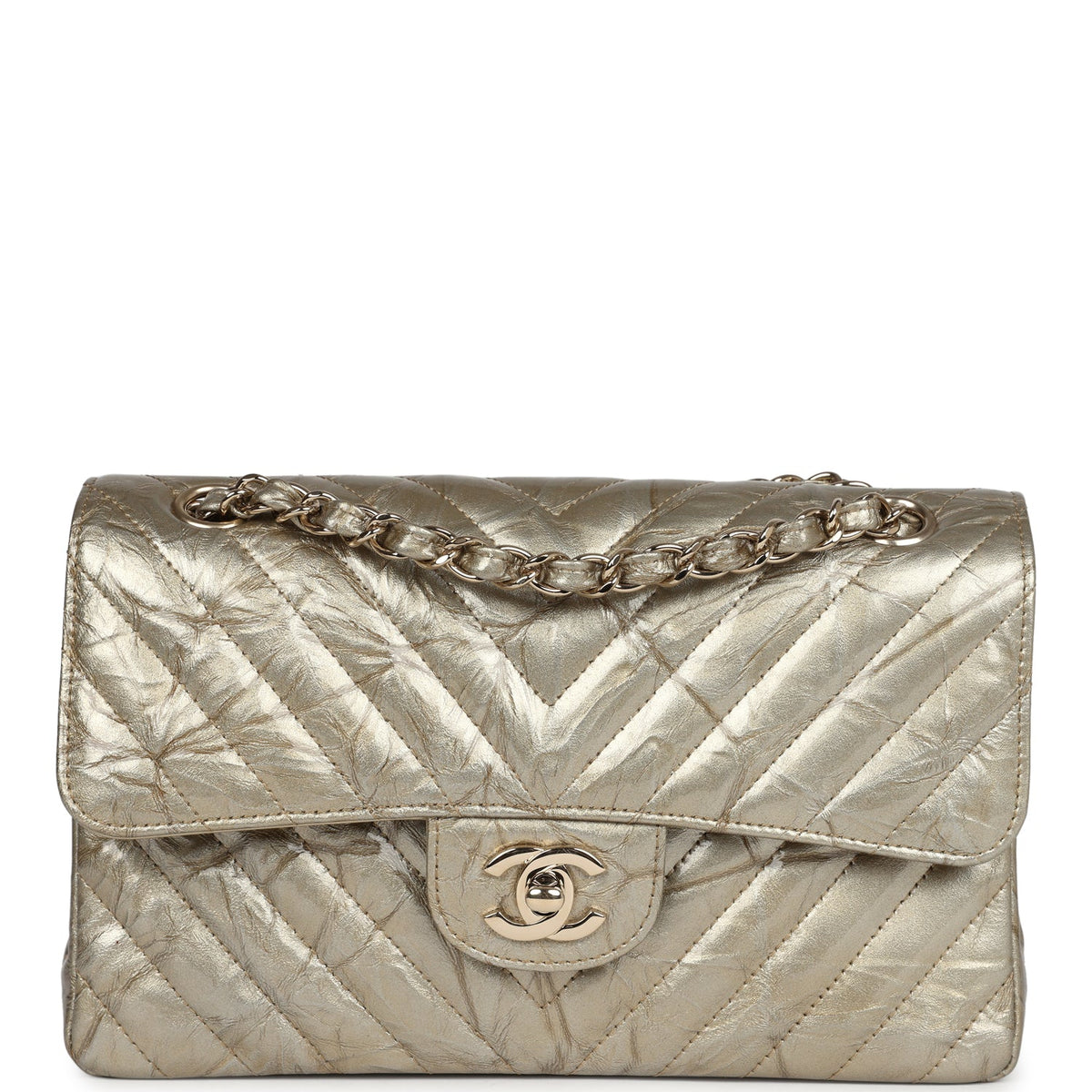 Chanel Small Chevron Double Flap Bag Gold Metallic Patent Light Gold Hardware
