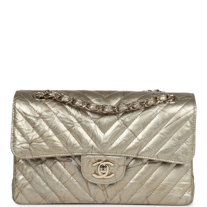 Chanel Small Chevron Double Flap Bag Gold Metallic Patent Light Gold Hardware