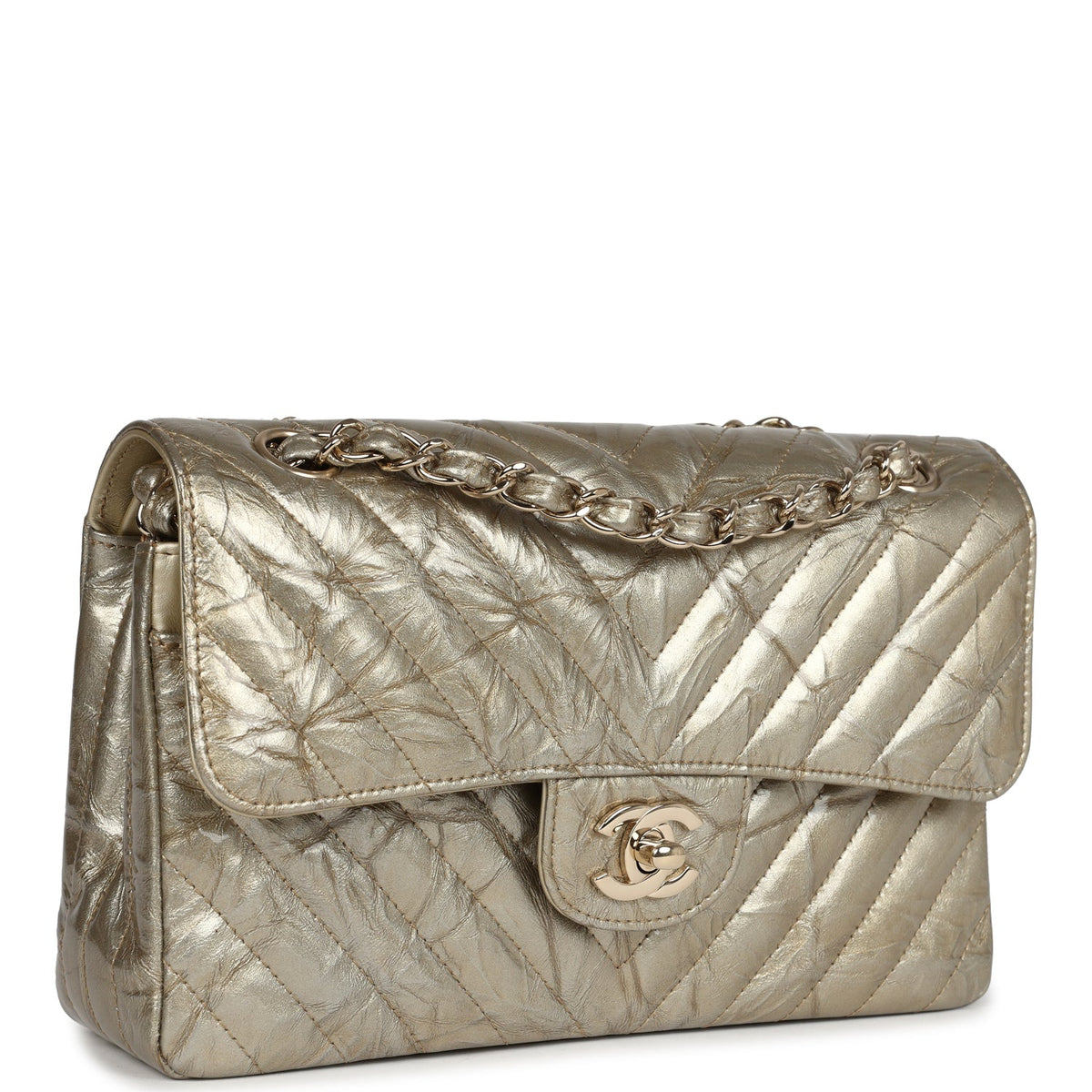 Chanel Small Chevron Double Flap Bag Gold Metallic Patent Light Gold Hardware