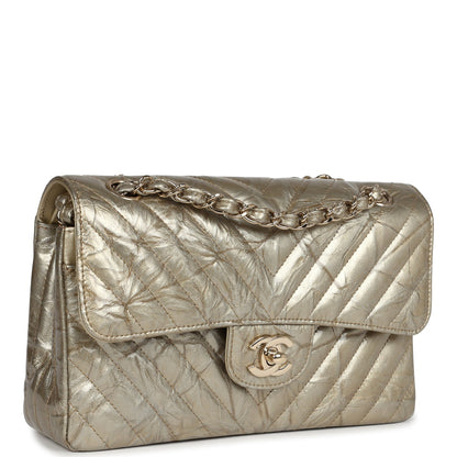 Chanel Small Chevron Double Flap Bag Gold Metallic Patent Light Gold Hardware