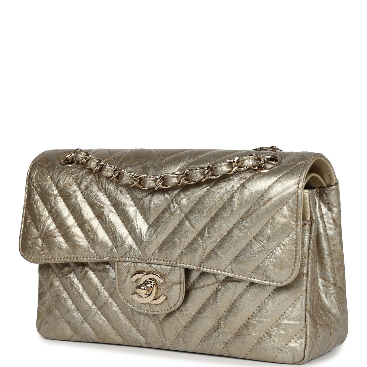 Chanel Small Chevron Double Flap Bag Gold Metallic Patent Light Gold Hardware