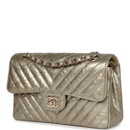 Chanel Small Chevron Double Flap Bag Gold Metallic Patent Light Gold Hardware