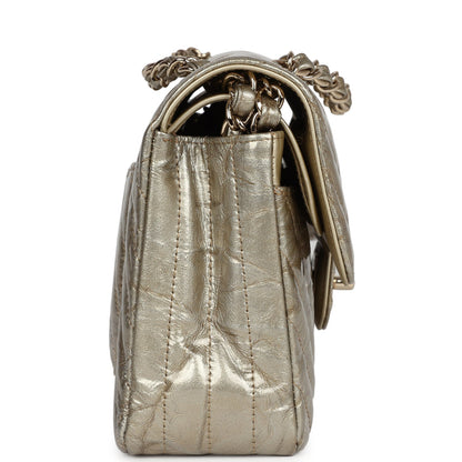 Chanel Small Chevron Double Flap Bag Gold Metallic Patent Light Gold Hardware
