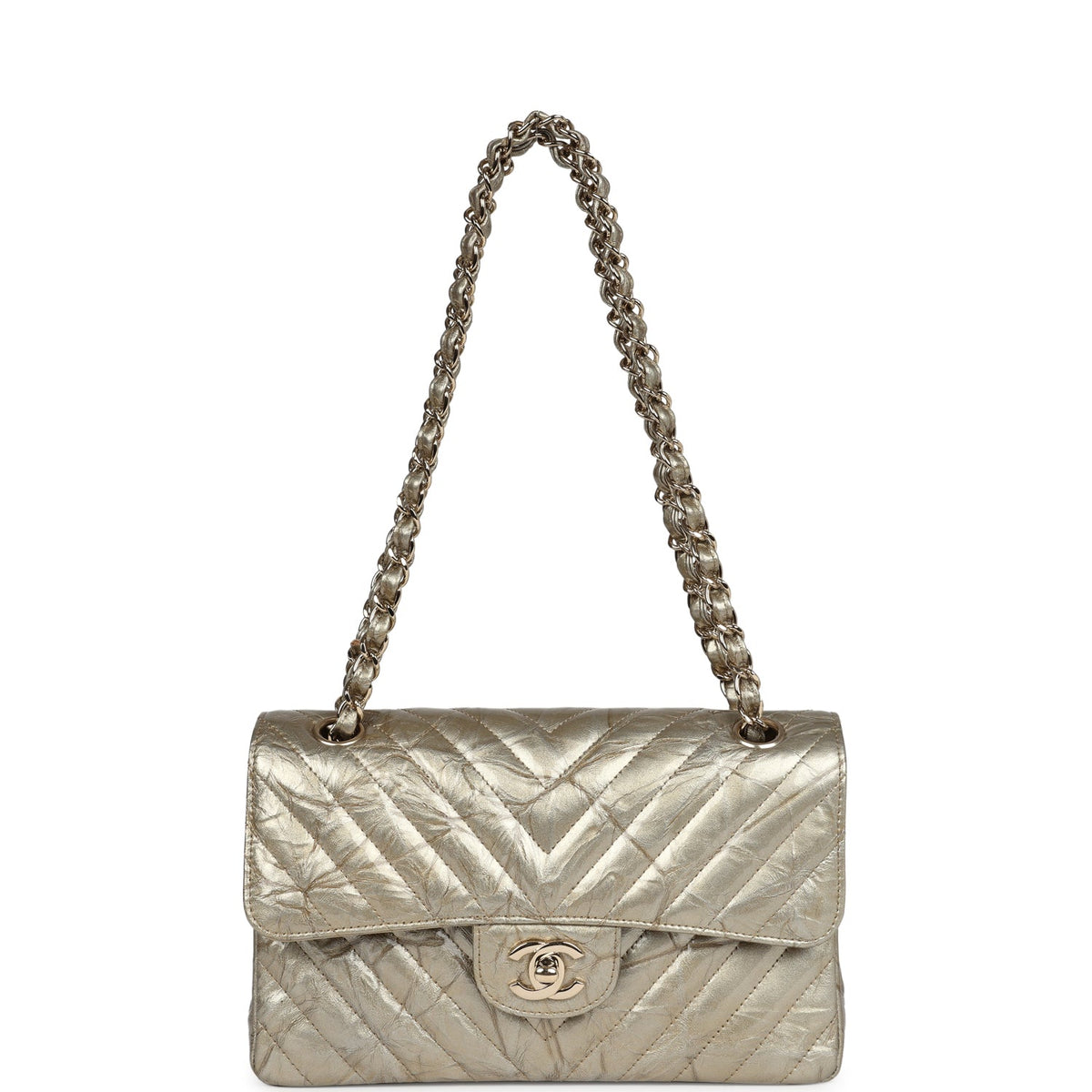 Chanel Small Chevron Double Flap Bag Gold Metallic Patent Light Gold Hardware