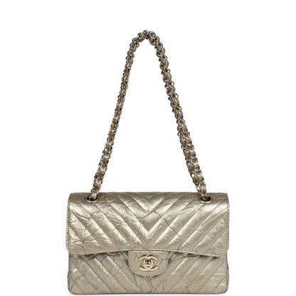 Chanel Small Chevron Double Flap Bag Gold Metallic Patent Light Gold Hardware